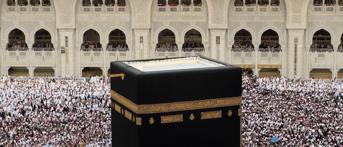 Aerial view of the Kaaba with thousands of pilgrims in Mecca, Saudi Arabia, during Hajj.